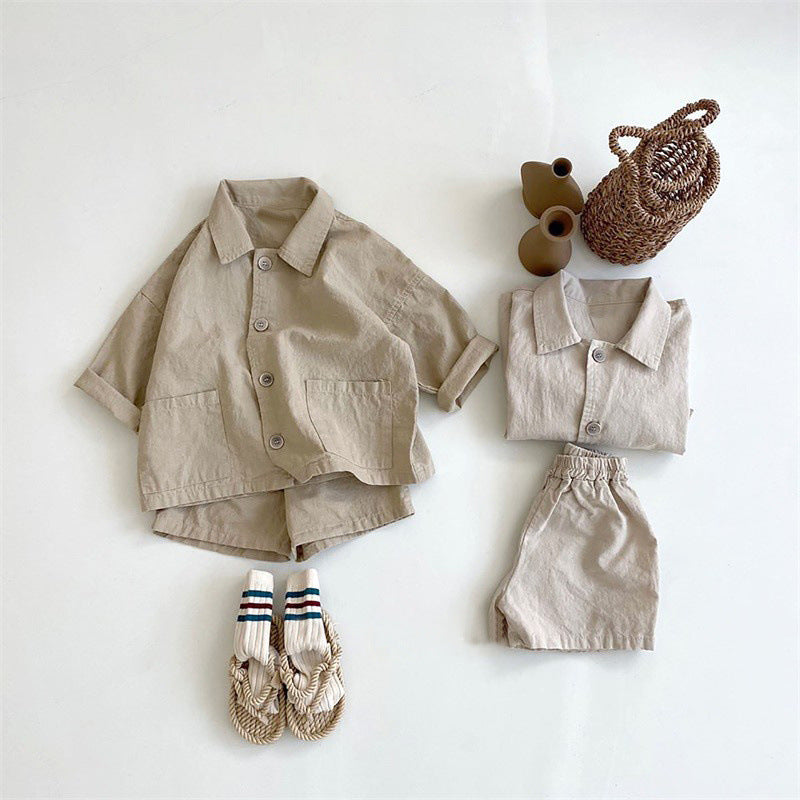 Boy's Fashionable Handsome Lapels Shirt Shorts Casual Two-piece Suit