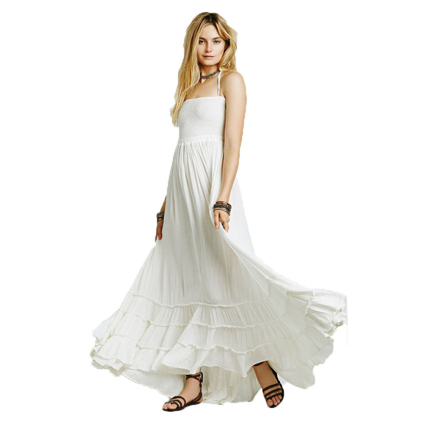 Women's Open Back Bohemian Beach Cotton Strap Dress