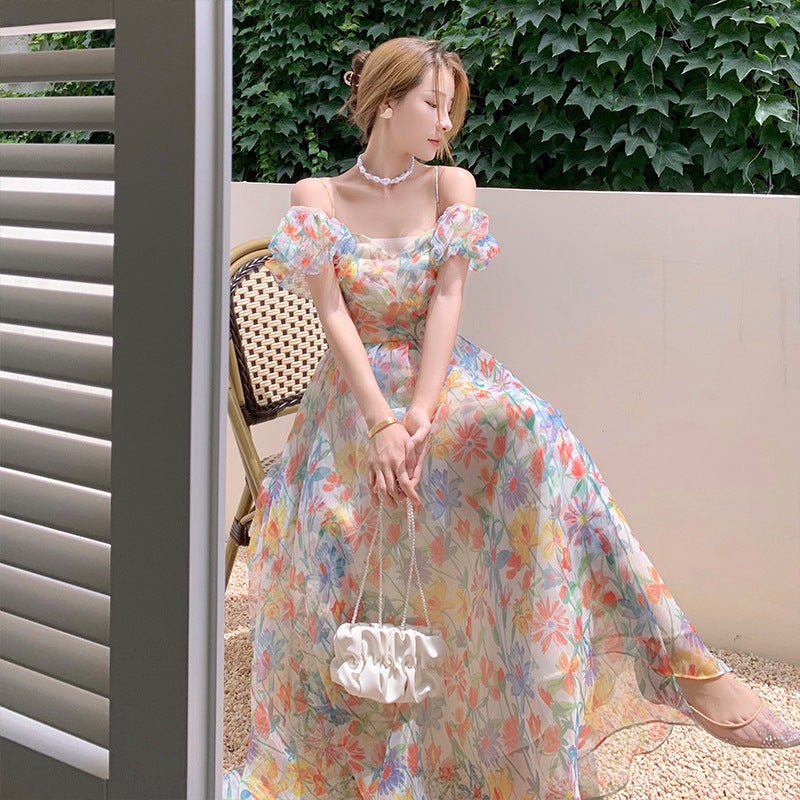 Female Long Bubble Sleeve Floral Dress Gauze