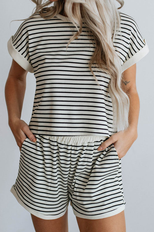 Striped Round Neck Top and Shorts Set