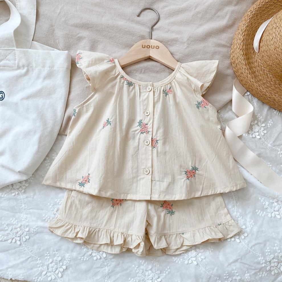 Embroidered Flounced Sleeve Vest Shorts Two-piece Set