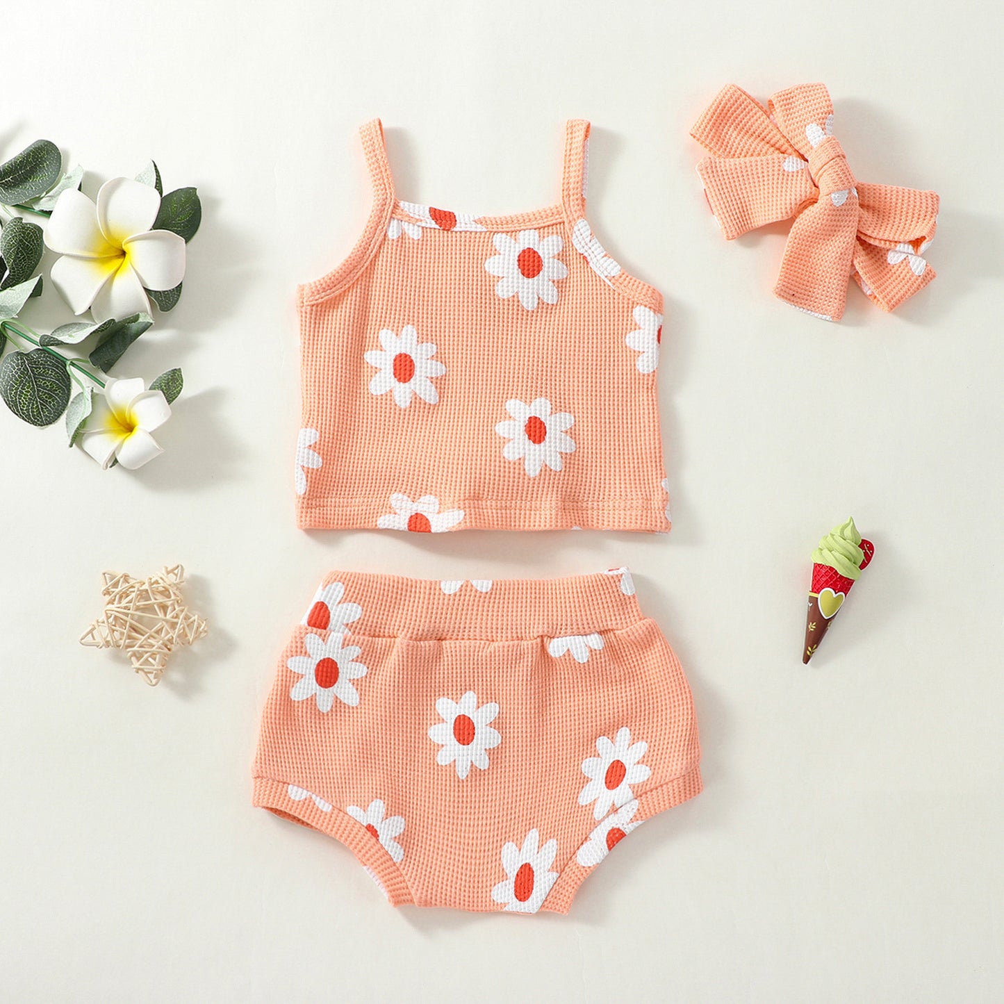 Casual Clothes Suspender Flower Top Shorts Headscarf Three-piece Set