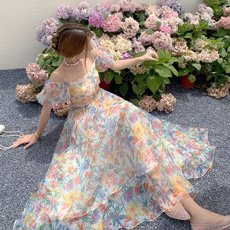 Female Long Bubble Sleeve Floral Dress Gauze