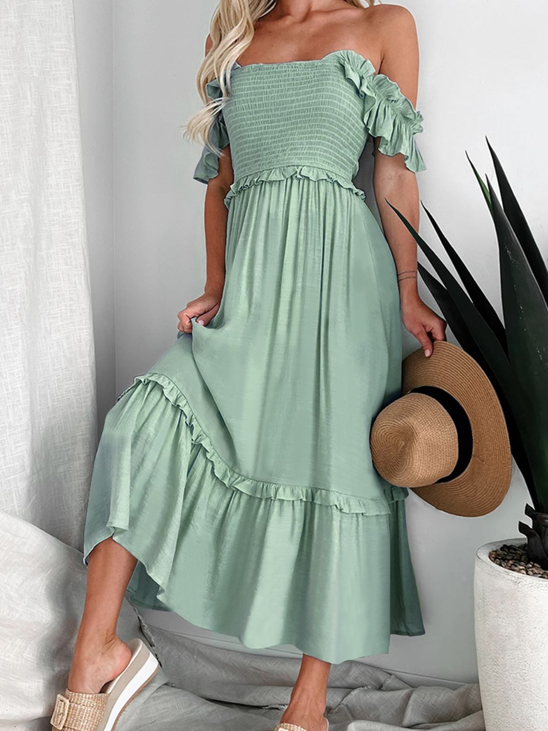 Frill Smocked Off-Shoulder Ruffle Sleeve Dress