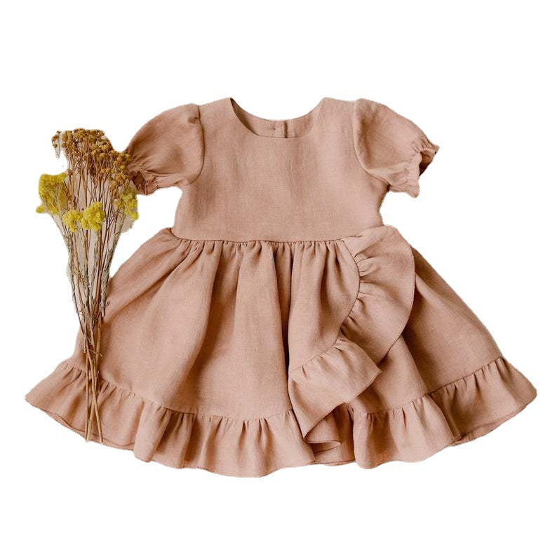 Girls' Dresses, Princess Dresses, Cotton And Linen Short-sleeved Ruffles