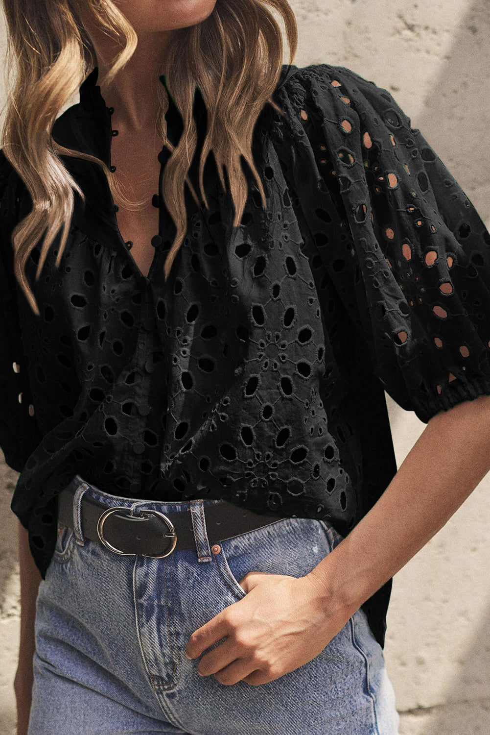 Eyelet Button Up Half Sleeve Blouse