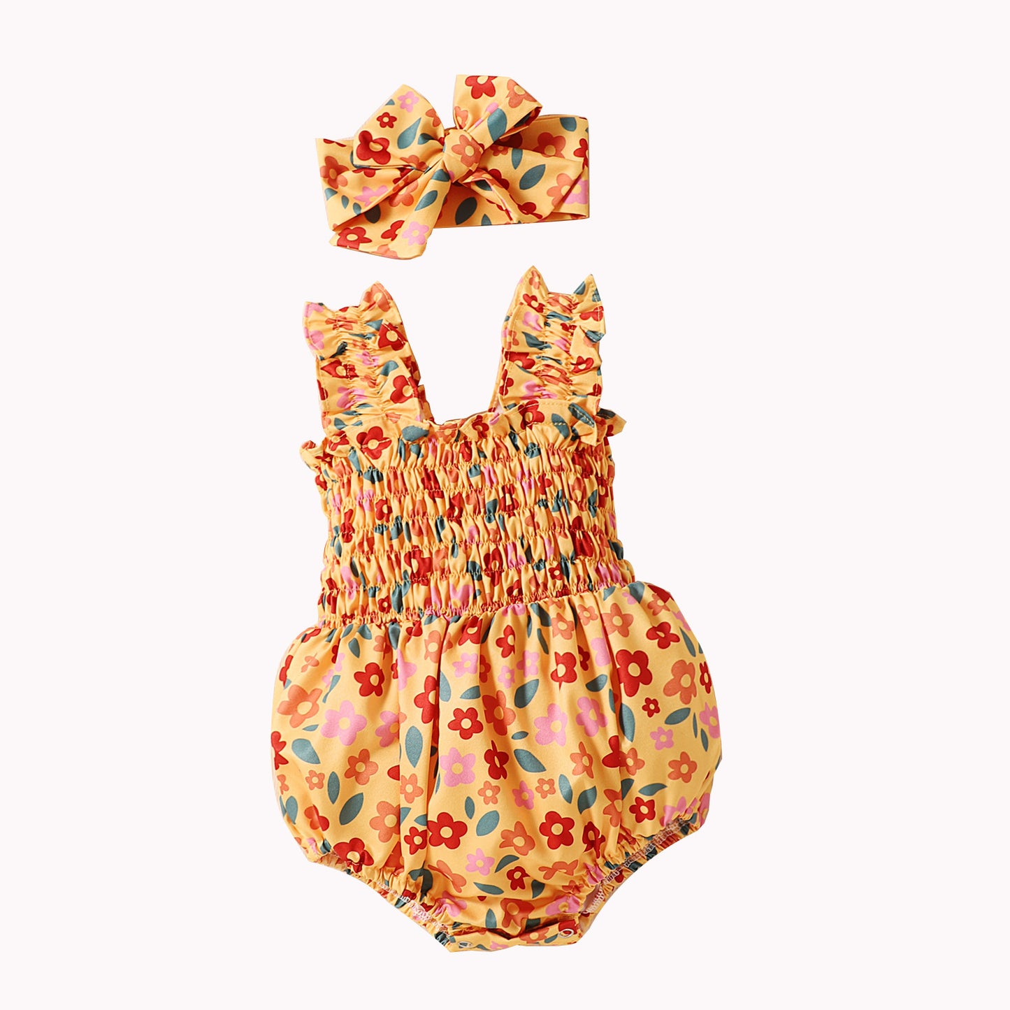 Infant Spaghetti Straps Sleeveless Little Cuihua Full Printed Triangle Rompers Headband Baby Girl