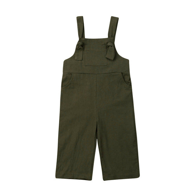 Girls' Summer Suspender Pants Suit Solid Color Short Sleeve