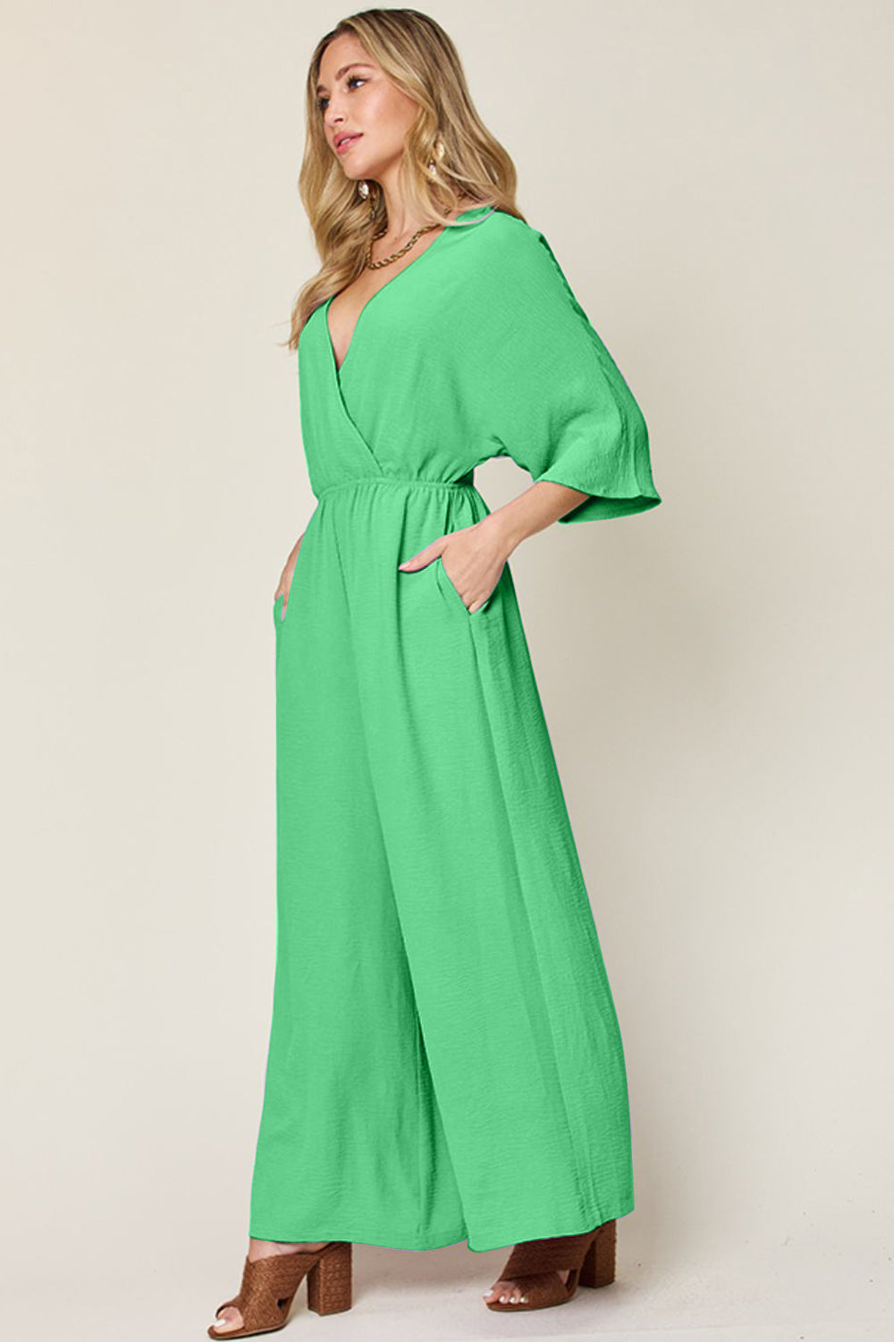 Double Take Full Size Surplice Wide Leg Jumpsuit with Pockets