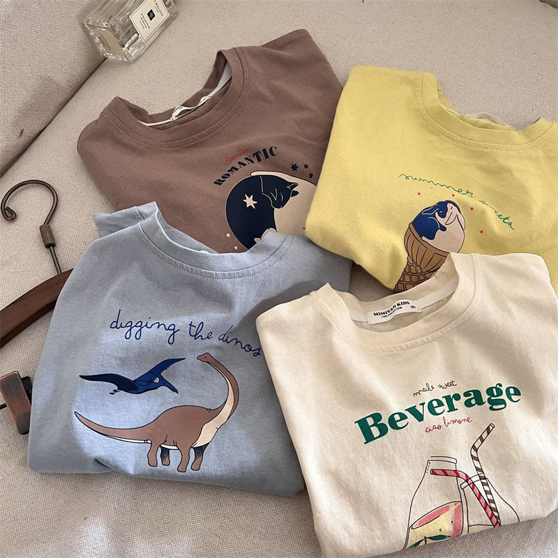 New Boys And Girls Round Neck Cartoon Printed T-shirt