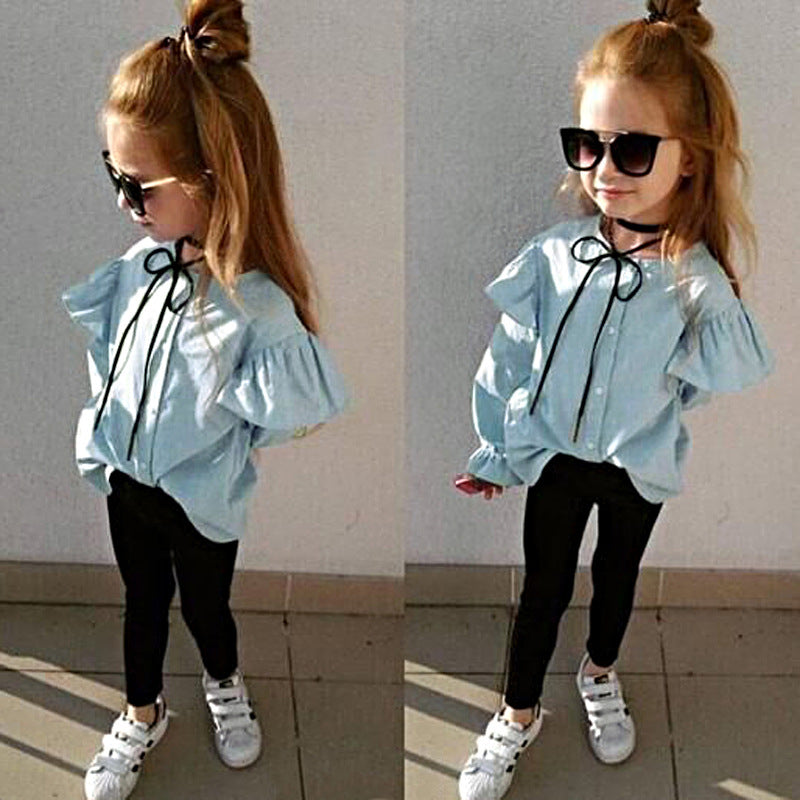 Girls Fashion Long Sleeve Flared Sleeve Top Long Pants Two Piece Set