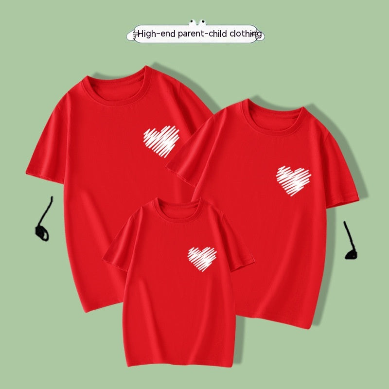 Cotton Short Sleeved Red Small Love Parent-child Clothing