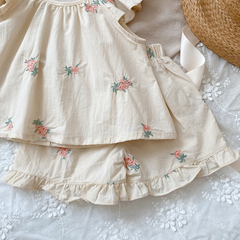 Embroidered Flounced Sleeve Vest Shorts Two-piece Set