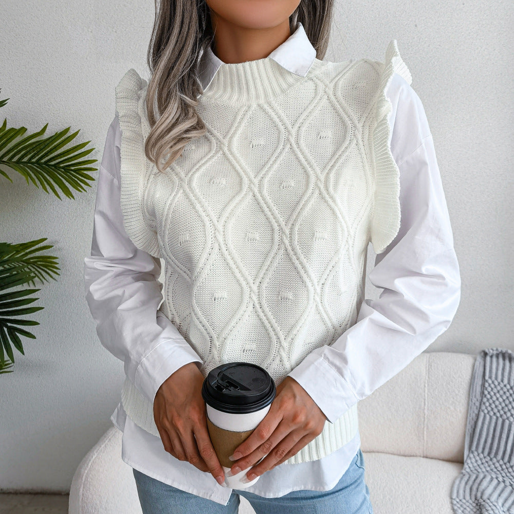 Ruffle Shoulder Ribbed Trim Sweater Vest