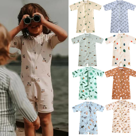 Floral Polyester Fiber One-piece Romper Sunscreen For Boys Swimsuit