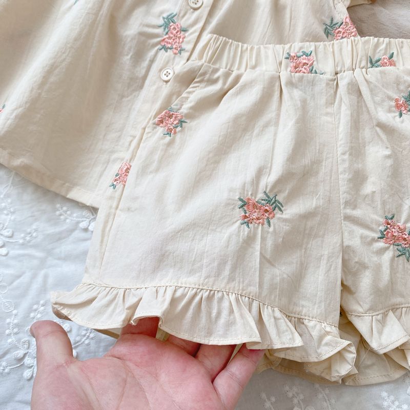 Embroidered Flounced Sleeve Vest Shorts Two-piece Set