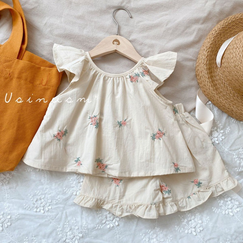 Embroidered Flounced Sleeve Vest Shorts Two-piece Set