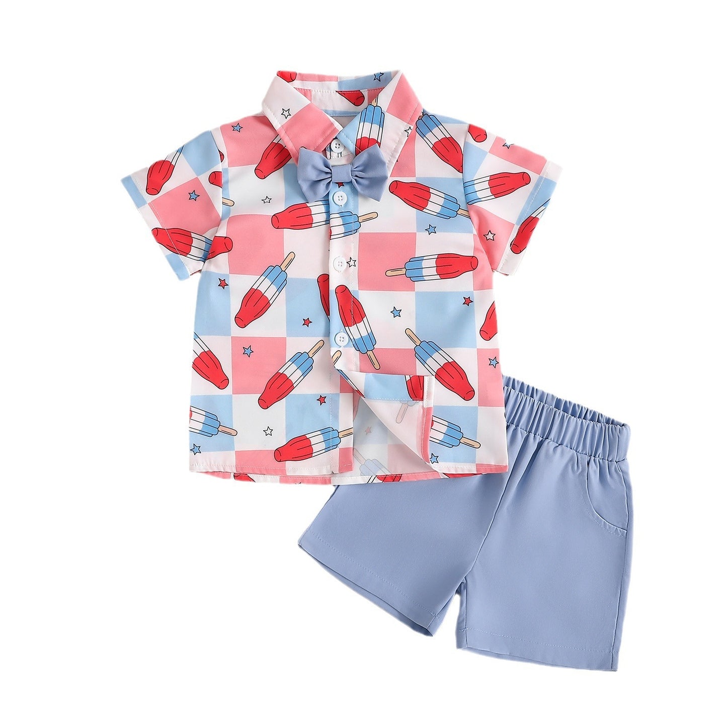 Boys Cute Fashion Gentleman Style Printed Shirt Shorts Suit