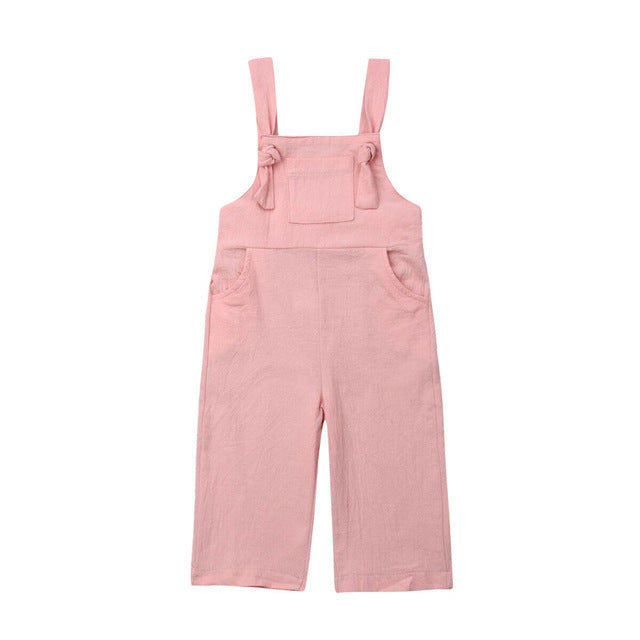 Girls' Summer Suspender Pants Suit Solid Color Short Sleeve