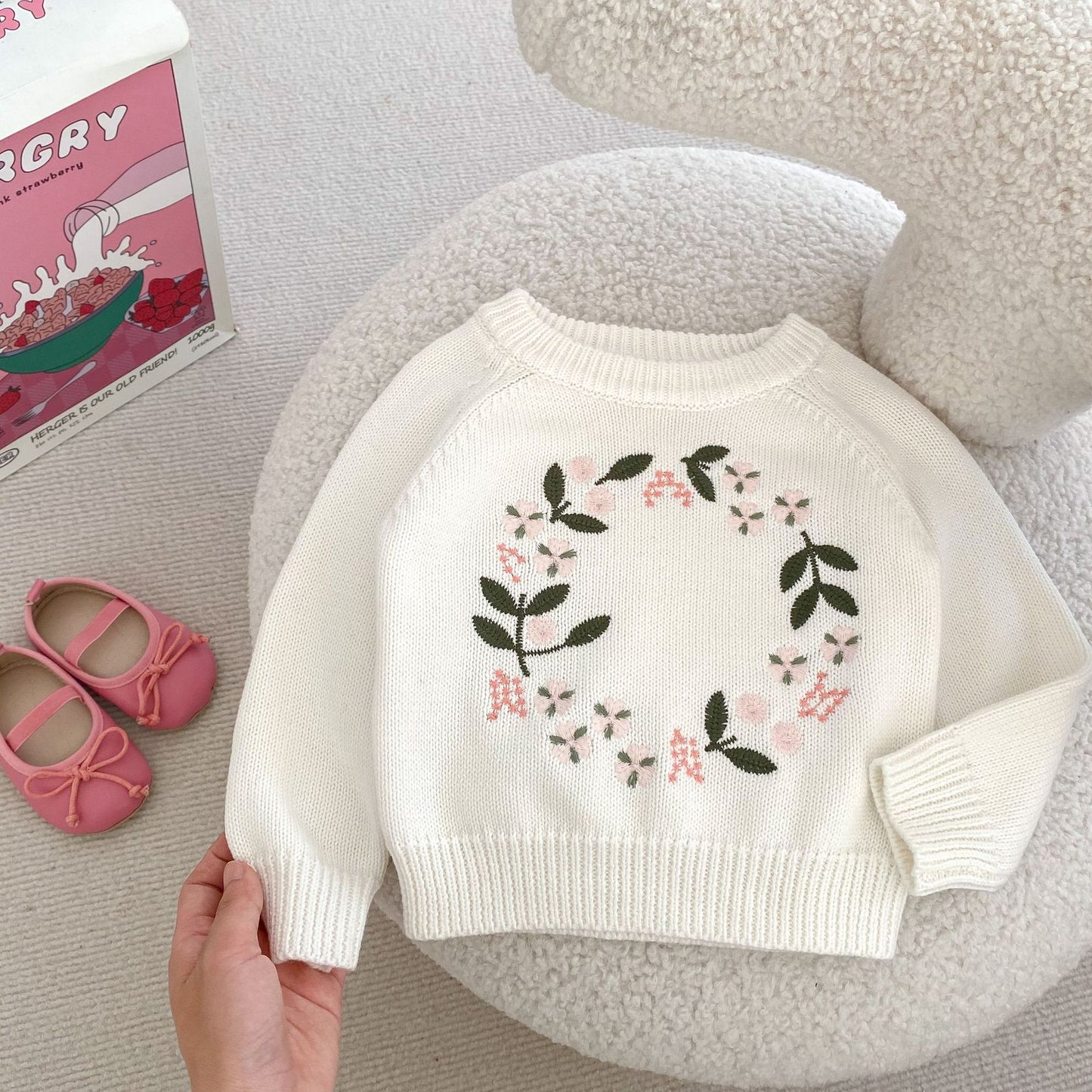 Knitted Shirt Flower Embroidered Pullover Top