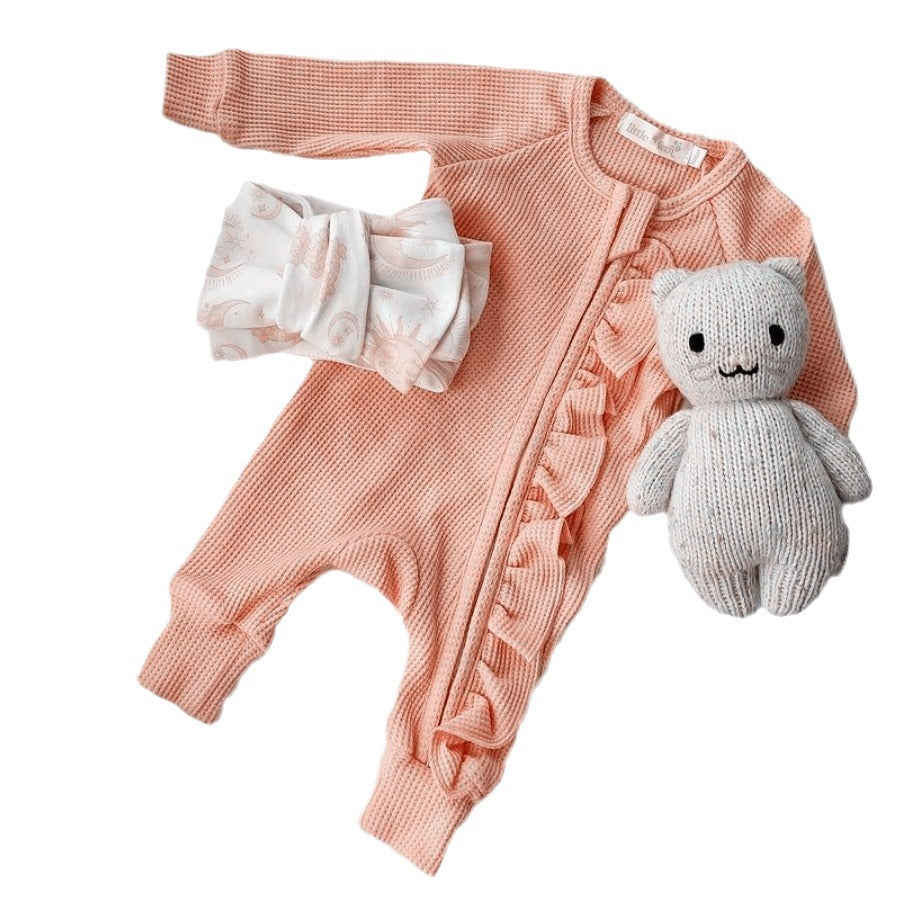 Girl Infant Bodysuit Long-sleeved Knitted Stretch Waffle Jumpsuit