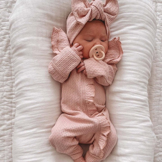 Girl Infant Bodysuit Long-sleeved Knitted Stretch Waffle Jumpsuit