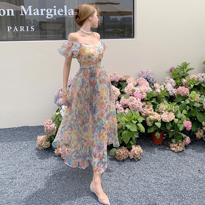 Female Long Bubble Sleeve Floral Dress Gauze