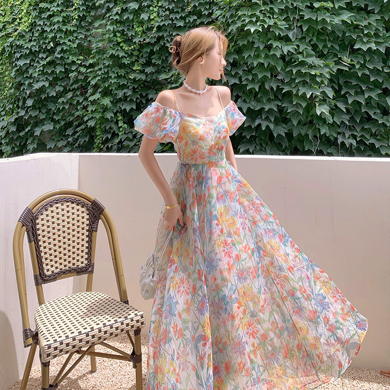 Female Long Bubble Sleeve Floral Dress Gauze