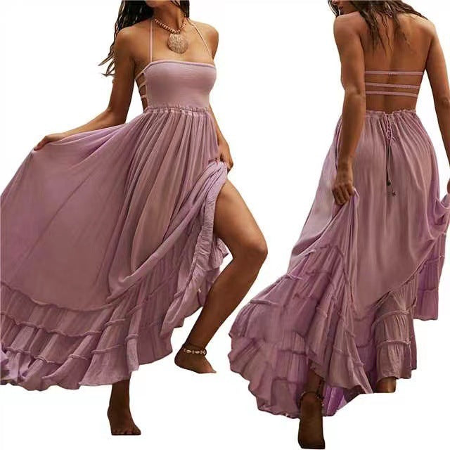 Women's Open Back Bohemian Beach Cotton Strap Dress