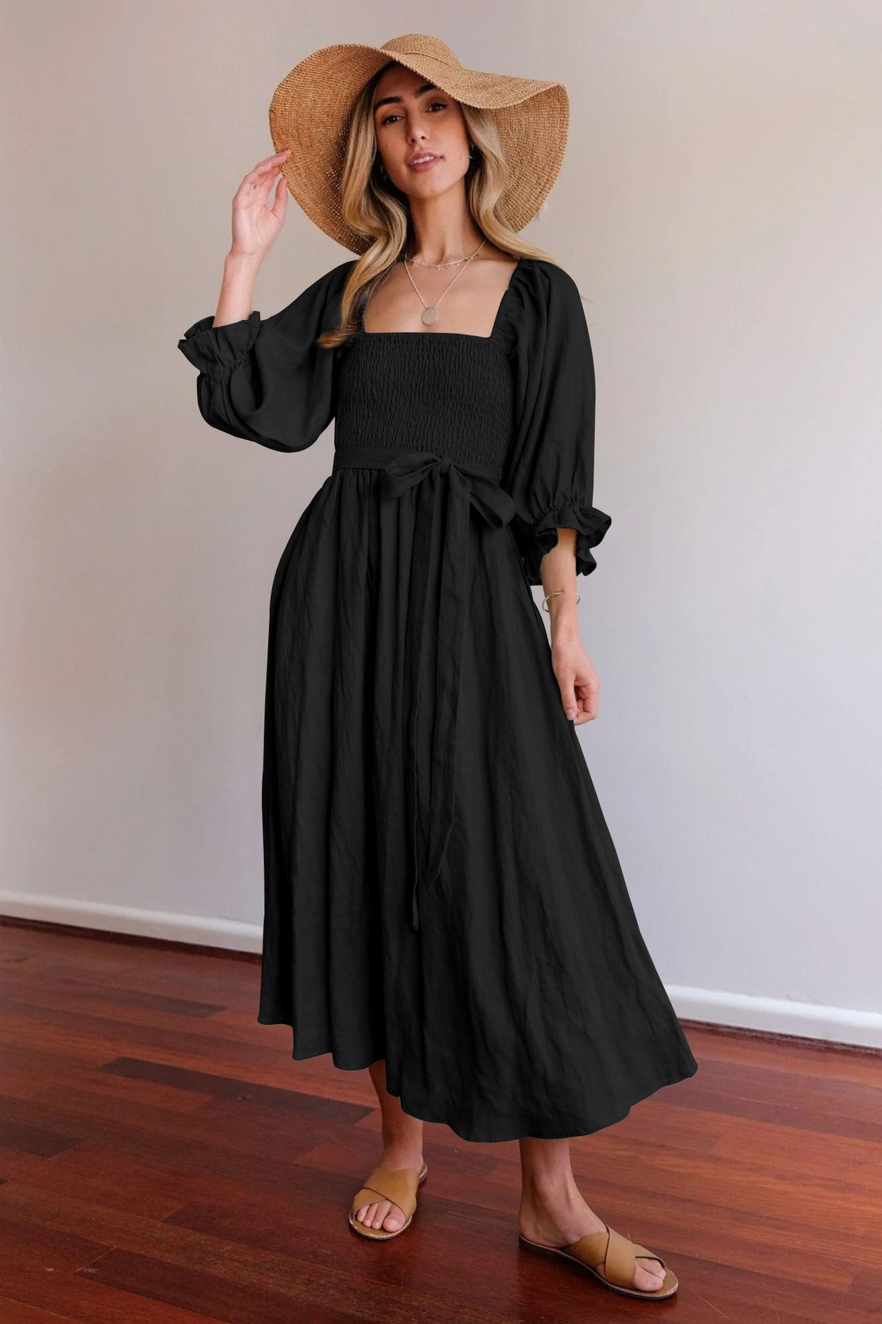 Tie Cord Waist Belt Ruffle Dress