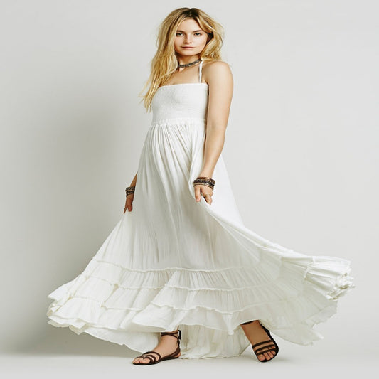 Women's Open Back Bohemian Beach Cotton Strap Dress