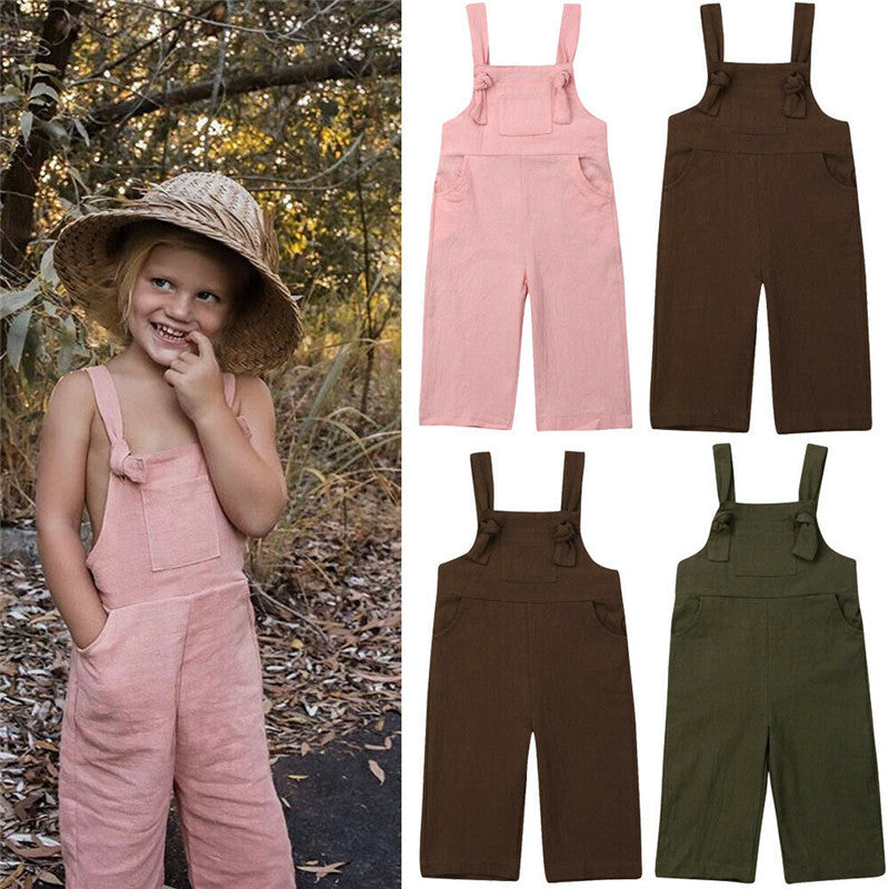 Girls' Summer Suspender Pants Suit Solid Color Short Sleeve