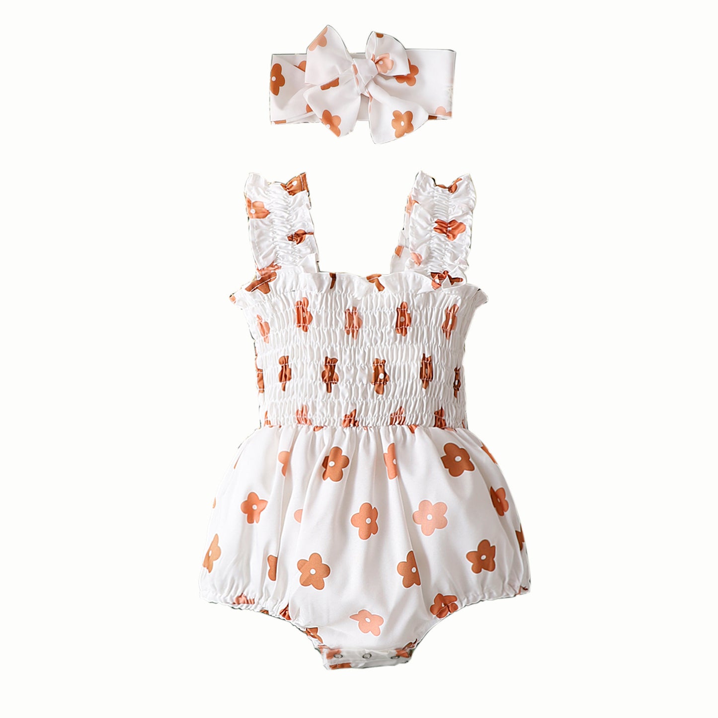 Infant Spaghetti Straps Sleeveless Little Cuihua Full Printed Triangle Rompers Headband Baby Girl