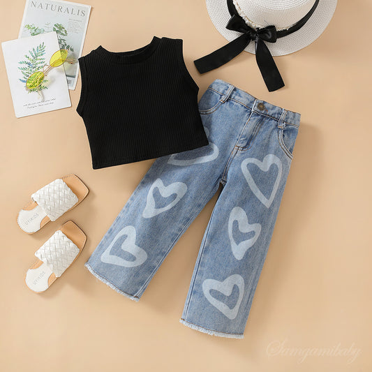 Sleeveless Vest Top Love Wide-leg Jeans