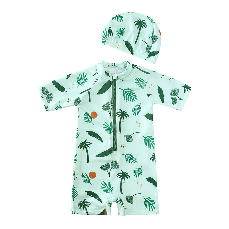 Floral Polyester Fiber One-piece Romper Sunscreen For Boys Swimsuit