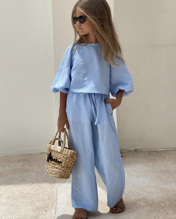 Girls' Cotton And Linen Half Sleeve Lace-up Top Casual Pants Two-piece Set