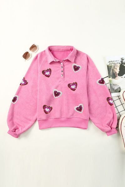 Heart Sequin Half Snap Mineral Wash Sweatshirt